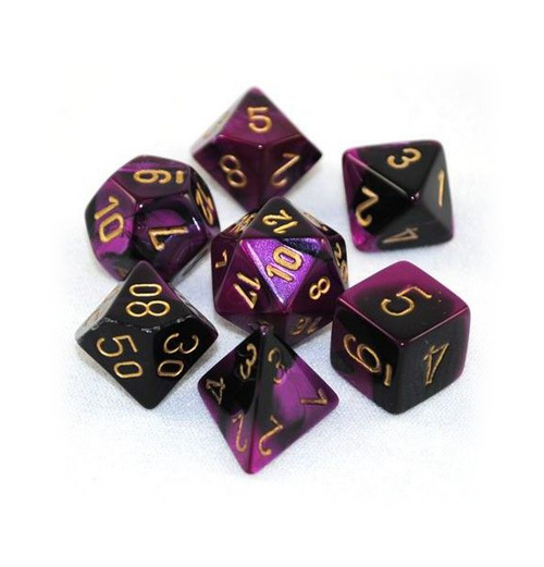 Gemini™ – Polyhedral Black-Purple w/gold 7-Die Set indhold