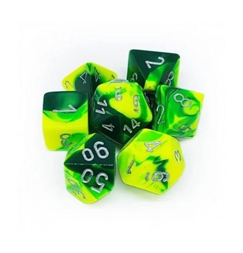 Gemini™ – Polyhedral Green-Yellow w/silver 7-Die Set indhold