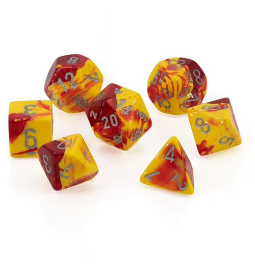 Gemini™ – Polyhedral Red-Yellow w/silver 7-Die Set indhold