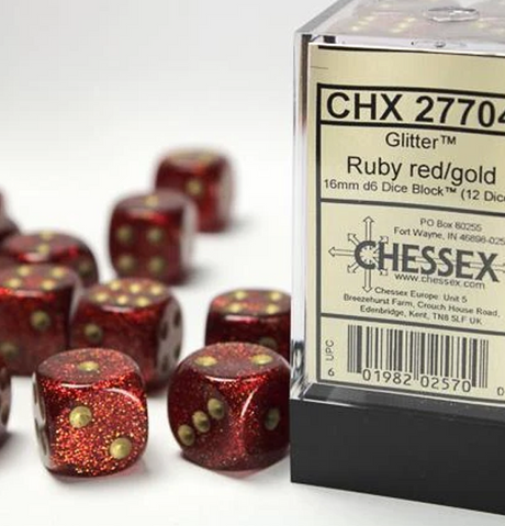 Glitter™ – 16mm d6 Ruby/gold Dice Block forside