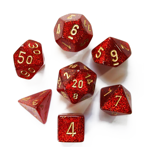 Glitter™ – Polyhedral Ruby w/gold 7-Die Set indhold