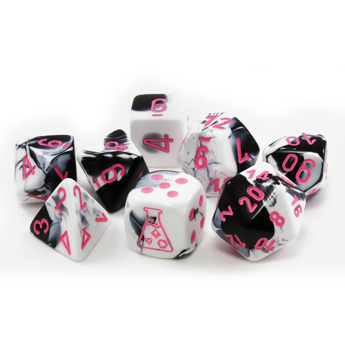 Lab Dice - Gemini™ Polyhedral Black-White w/pink 7-Die Set