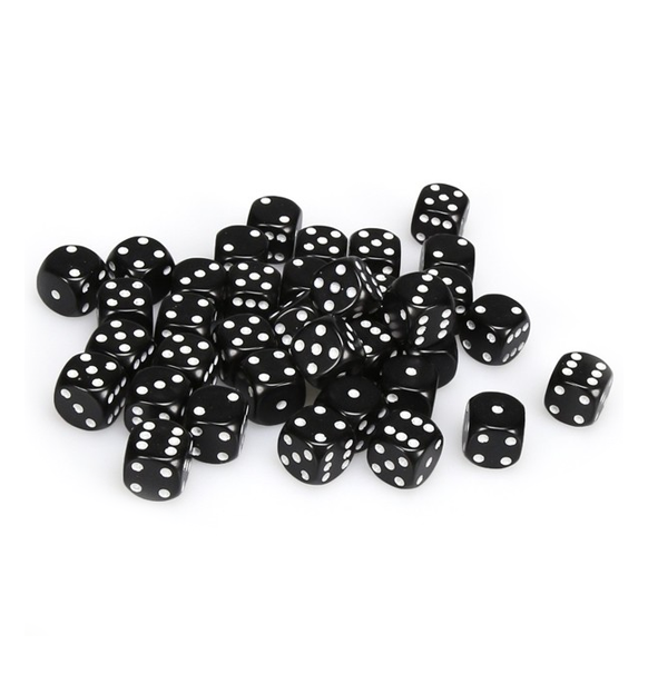 Opaque – 12mm d6 Black w/white Dice Block indhold