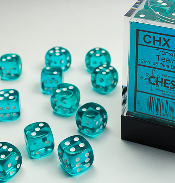 Translucent – 12mm d6 Teal w/white Dice Block™ indhold