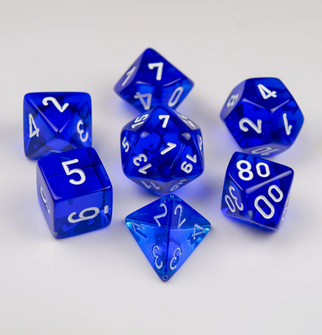 Translucent™ – Polyhedral Blue w/white 7-Die Set indhold